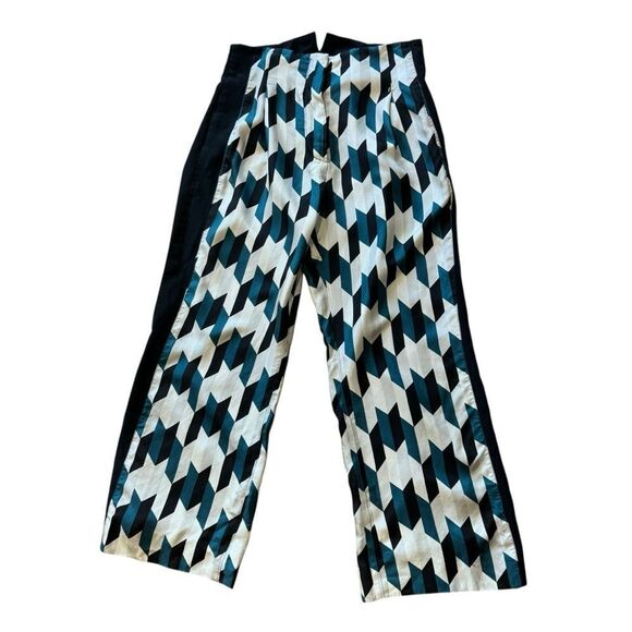 Sportmax Geometric Teal Black White Geometric Pattern Silk Wide Leg Trousers - Picture 2 of 10